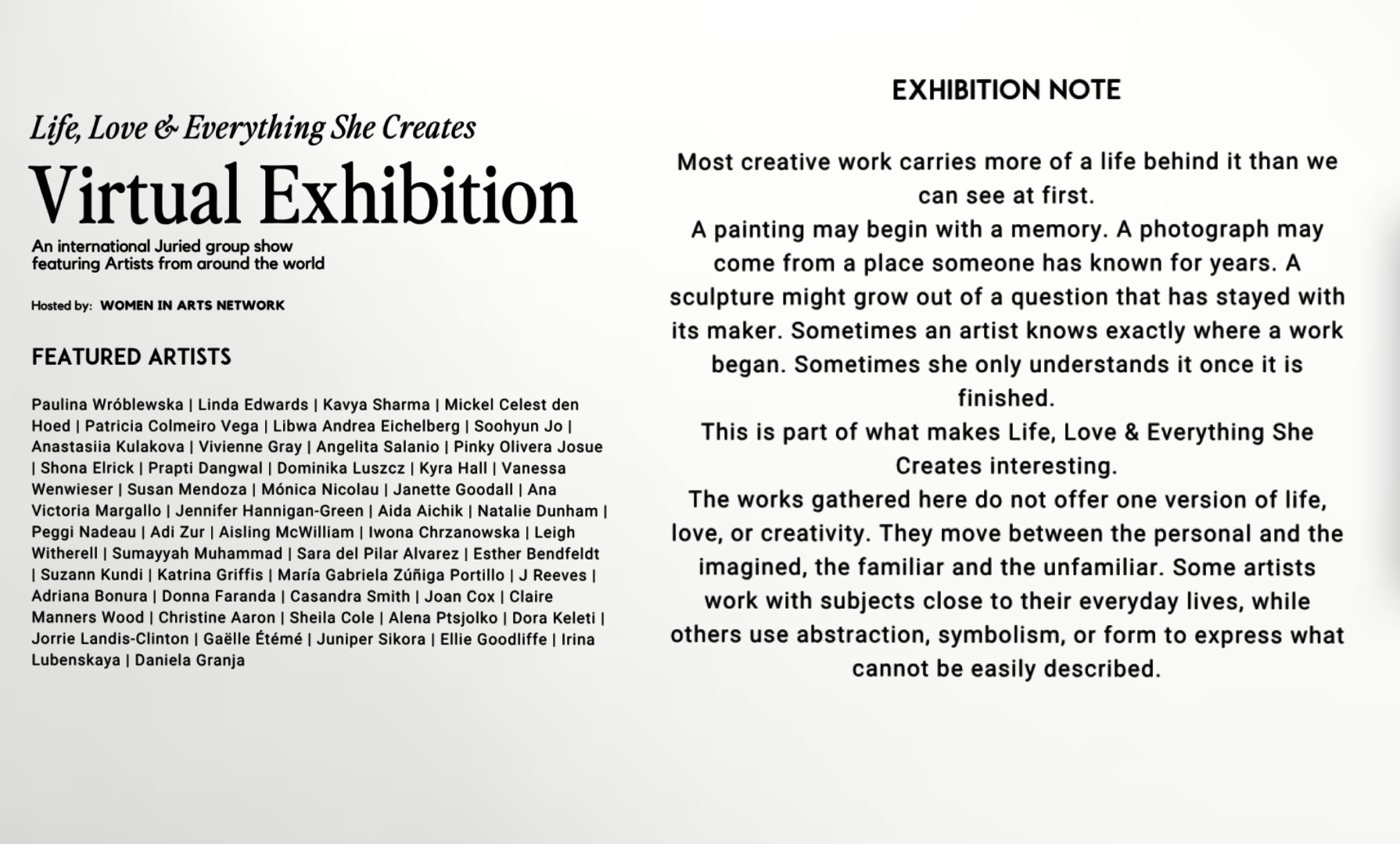 Exhibition note and featured artists of Life, Love & Everything She Creates